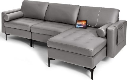 Giantex 97" Large Couch, 3 Seat Sectional Sofa Set, L-Shaped Modular Sleeper with Chaise Lounge & USB Port & Socket - Dark Grey
