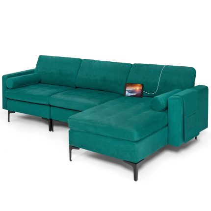Giantex 97" Large Couch, 3 Seat Sectional Sofa Set, L-Shaped Modular Sleeper with Chaise Lounge & USB Port & Socket - Blue