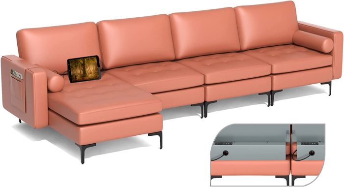 Giantex Sectional Sofa Couch, Convertible Sleeper with 2 or 1 USB Ports Socket - Red with 2 USB Sockets - Image 1