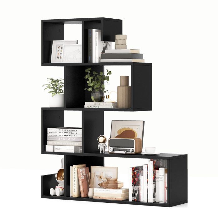 Giantex 5-Tier S-Shaped Bookshelf, Geometric Bookcase w/Open Cubes - 1 Black - Image 1