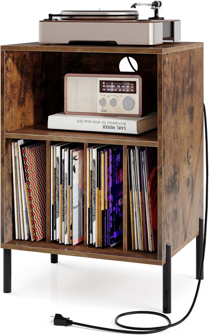 Giantex Record Player Stand with Charging Station - Rustic Brown - Image 1