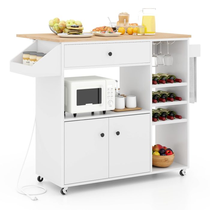 Giantex Rolling Kitchen Island Cart with Drop Leaf, Power Outlet, Spice Rack, 12 Wine Rack - White & Natural - Image 1