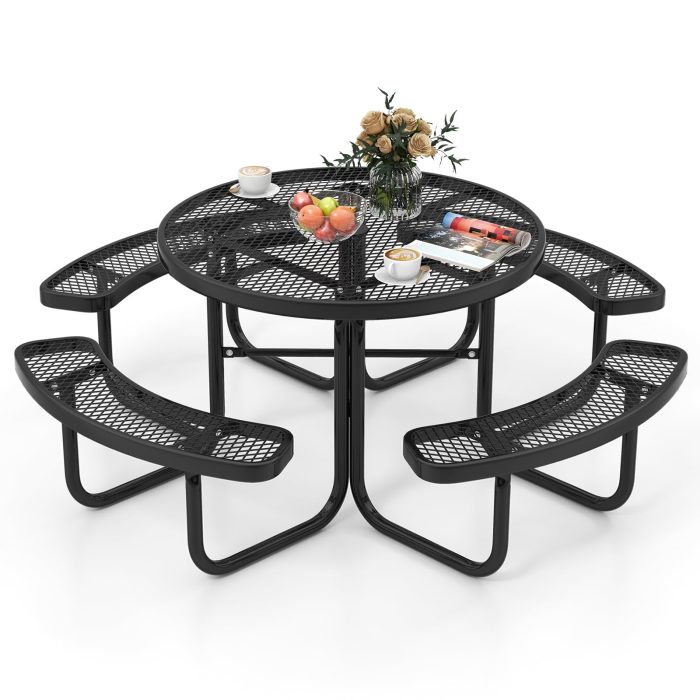Giantex Round Picnic Table Set for 8 Persons, 45 Inch Outdoor Table and Bench Set with Umbrella Hole - Image 1