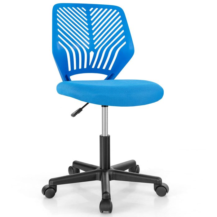 Giantex Kids Desk Chair, Armless Kids Computer Chair with Lumbar Support, Mesh Adjustable Swivel Study Chair with Wheels - Blue - Image 1