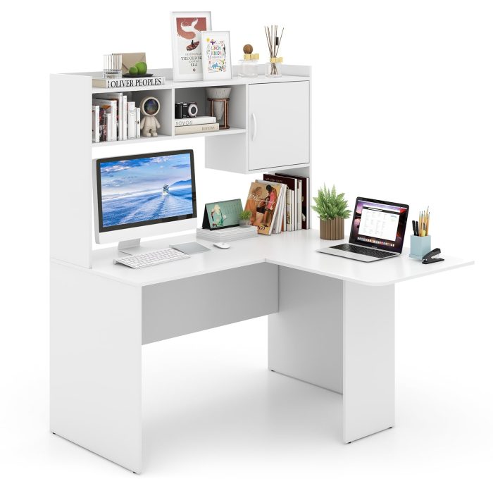Giantex L Shaped Desk with Hutch, Corner Computer Desk with Storage Shelf & Cabinet - Image 1
