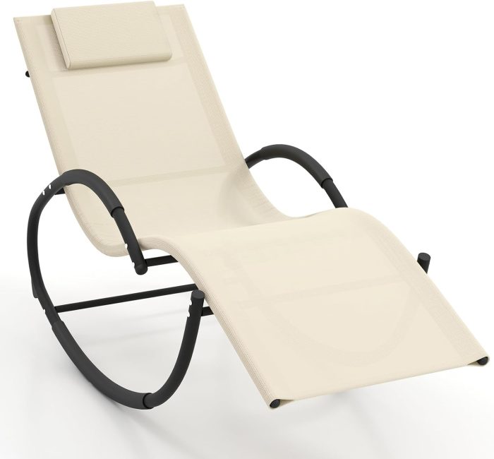 Giantex Outdoor Rocking Lounge Chair, Zero Gravity Rocking Chair with Removable Headrest, Breathable Backrest & Seat - 1 Beige - Image 1