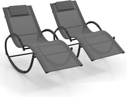 Giantex Outdoor Rocking Lounge Chair, Zero Gravity Rocking Chair with Removable Headrest, Breathable Backrest & Seat - 2 Grey