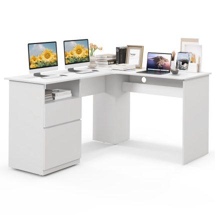 Giantex L Shaped Computer Desk with Drawers, 59" Corner Desk Workstation with Storage Shelf & Cable Holes - White