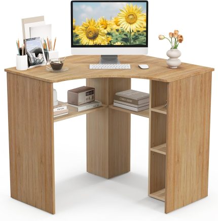 Giantex Corner Desk with Storage, 34" W x 30.5" H Small Computer Desk with Adjustable Shelves - Natural