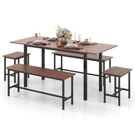 Giantex Dining Table Set for 4-6, 5-Piece Kitchen Table Chairs Set, 63” Extendable Table with 2 Benches - Walnut