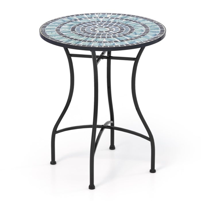 Giantex 24 Inch Patio Bistro Table, Mosaic Round Table w/Ceramic Tile Tabletop - Blue & Black (Sun Pattern) - Image 1