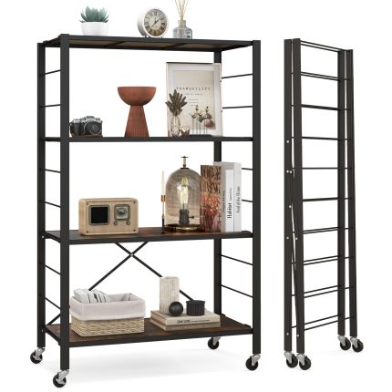 Giantex 4-Tier Folding Storage Shelf, Collapsible Shelving Unit w/Lockable Wheels & Adjustable Shelf - 1