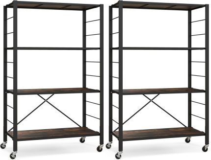 Giantex 4-Tier Folding Storage Shelf, Collapsible Shelving Unit w/Lockable Wheels & Adjustable Shelf - 2