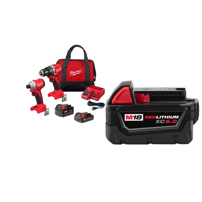 Milwaukee 3693-22CXv5 M18 Compact Brushless 2-Tool Combo Kit w/ Extra 5AH Battery - Image 1