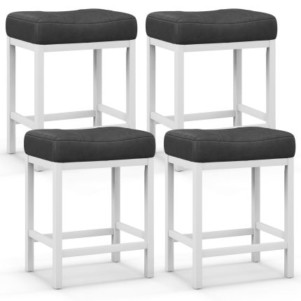 Giantex Counter Height Bar Stools Set of 2/4, 24.5" Backless Linen Fabric Bar Saddle Stools w/Solid Rubber Wood Frame & Footrest - 2 White+black