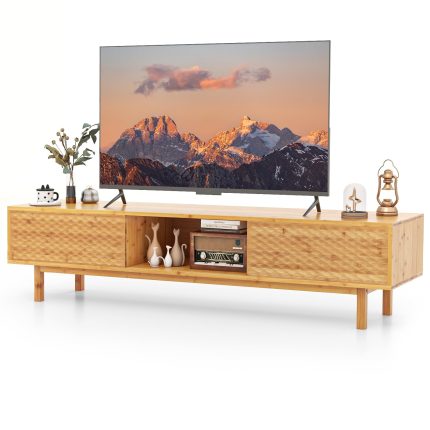 Giantex 63” Bamboo TV Stand, Entertainment Center with 3 Storage Cubes, Sliding Doors