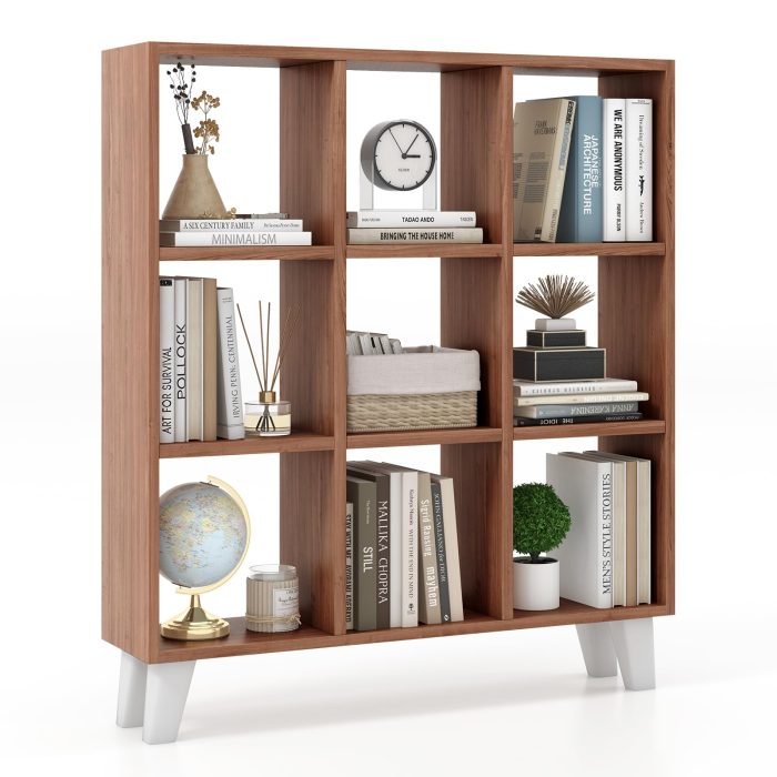 Giantex 9-Cube Open Bookcase, 3-Tier Freestanding Bookshelf with 4 Slanted Legs & 6 Removable Shelves - 1 Brown - Image 1