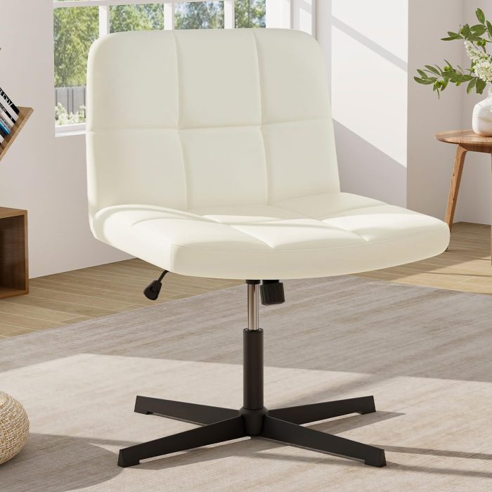 Giantex Criss Cross Chair, PU Leather Cross Legged Office Chair No Wheels, Height-adjustable Swivel Vanity Chair with U-shaped Seat - Beige - Image 1