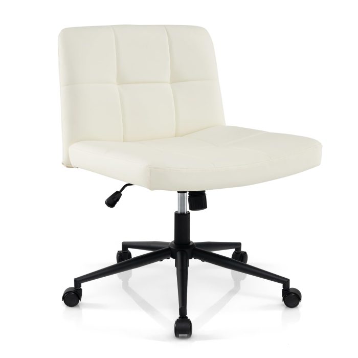 Giantex Criss Cross Chair with Wheels, PU Leather Cross Legged Office Chair, Height-adjustable Swivel Vanity Chair - Beige - Image 1