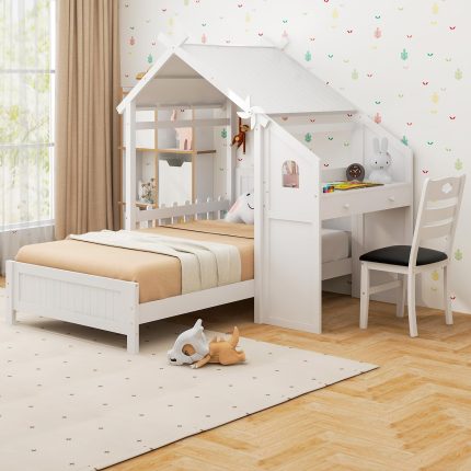 Giantex Twin House Bed with Desk & Chair, Wood Kids Playhouse Bed with 2 Drawers