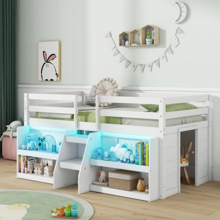 Giantex Low Loft Bed with LED Lights, Wooden Twin Loft Bed with Stairs & Safety Guardrail - White