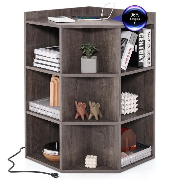 Giantex 3-Tier Corner Cabinet with Charging Station, Corner Shelf with 9 Cubbies, 2 USB Ports & 4 Outlets - Grey - Image 1