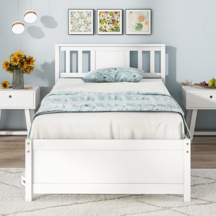 Giantex Solid Wood Platform Bed Frame, Mid Century Full Bed Frame with Headboard - Twin White