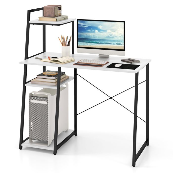 Giantex Computer Desk with Shelves, 47.5” Home Office Desk with Bookshelf, Host Stand - White & Black - Image 1