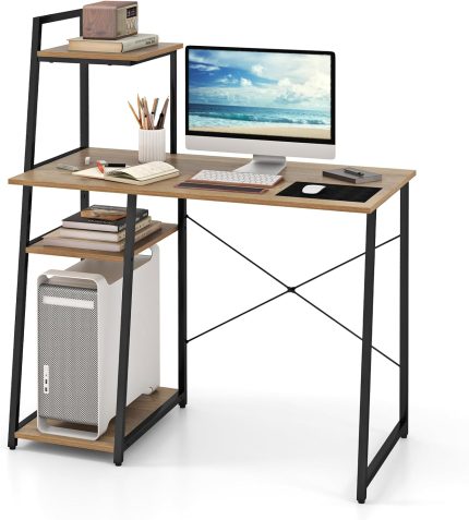 Giantex Computer Desk with Shelves, 47.5” Home Office Desk with Bookshelf, Host Stand - Natural & Black