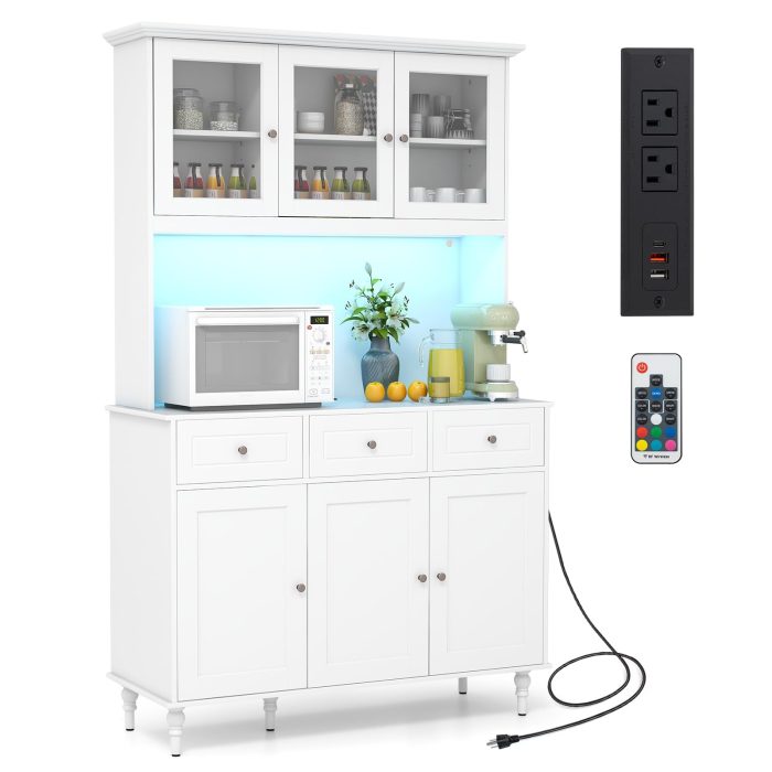 Giantex Pantry Cabinet, 77” Tall Buffet Cabinet with Hutch, LED Lights & Charging Station - Image 1