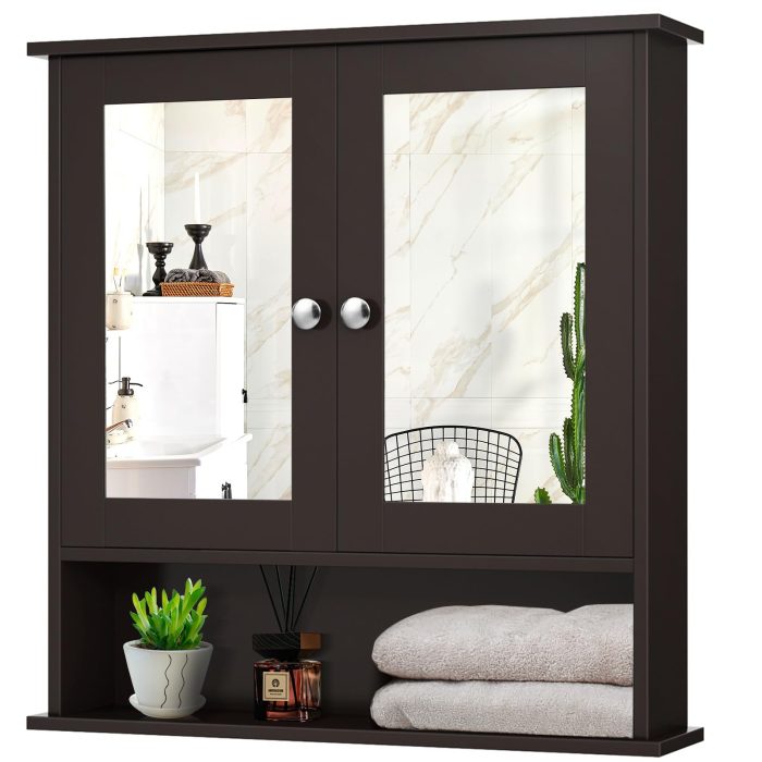 Giantex Medicine Cabinet, Bathroom Wall Cabinet with 2 Mirrored Doors, Adjustable Shelf - Brown - Image 1