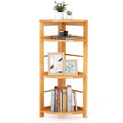 Giantex 4-Tier Corner Shelf, 34" Bookshelf with Rubber Wood Frame, Anti-Toppling Kit - 1