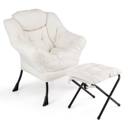 Giantex Set of 1/2 Lazy Chair with Folding Ottoman, Modern Sherpa Accent Chair w/Armrests & Pocket - 1 White