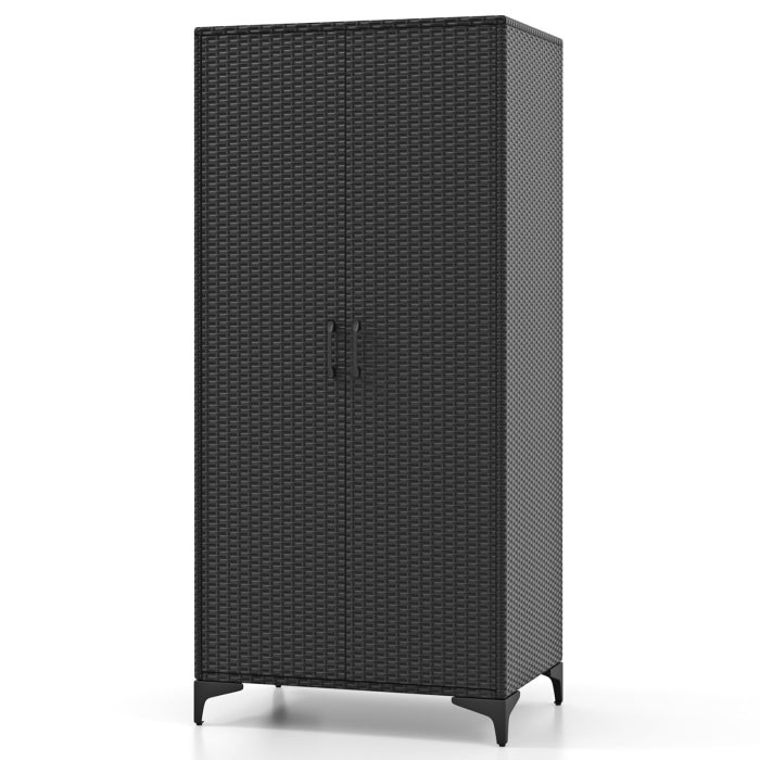 Giantex Wicker Storage Cabinet, 62” Tall Pantry Cabinet with 2 Doors, Hanging Rod, 4 Storage Cubes - Black - Image 1