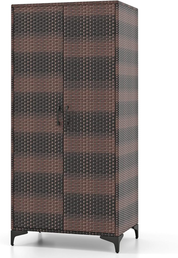 Giantex Wicker Storage Cabinet, 62” Tall Pantry Cabinet with 2 Doors, Hanging Rod, 4 Storage Cubes - Brown - Image 1