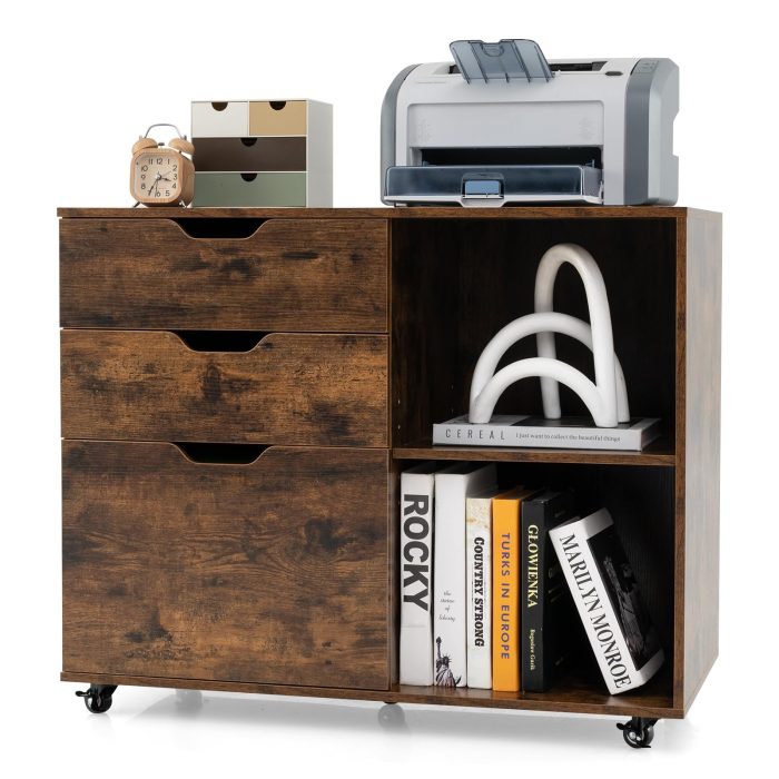 Giantex 3 Drawer File Cabinet, Office Storage Cabinet Fits Files Letter, A4, Legal Size - Brown - Image 1
