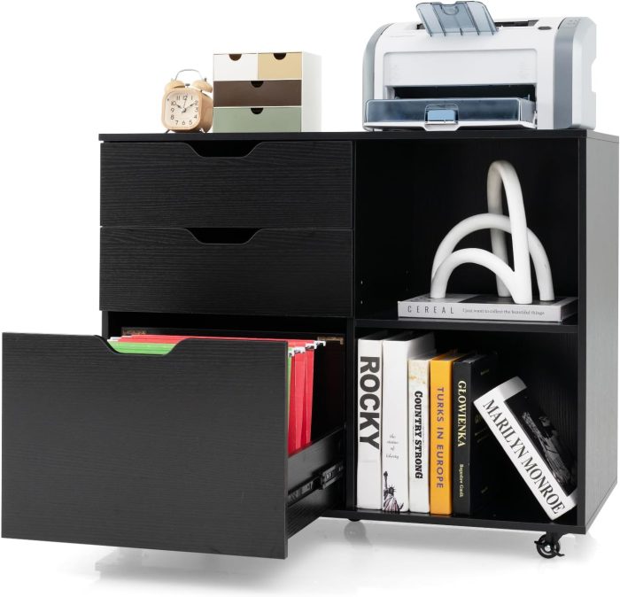 Giantex 3 Drawer File Cabinet, Office Storage Cabinet Fits Files Letter, A4, Legal Size - Black - Image 1