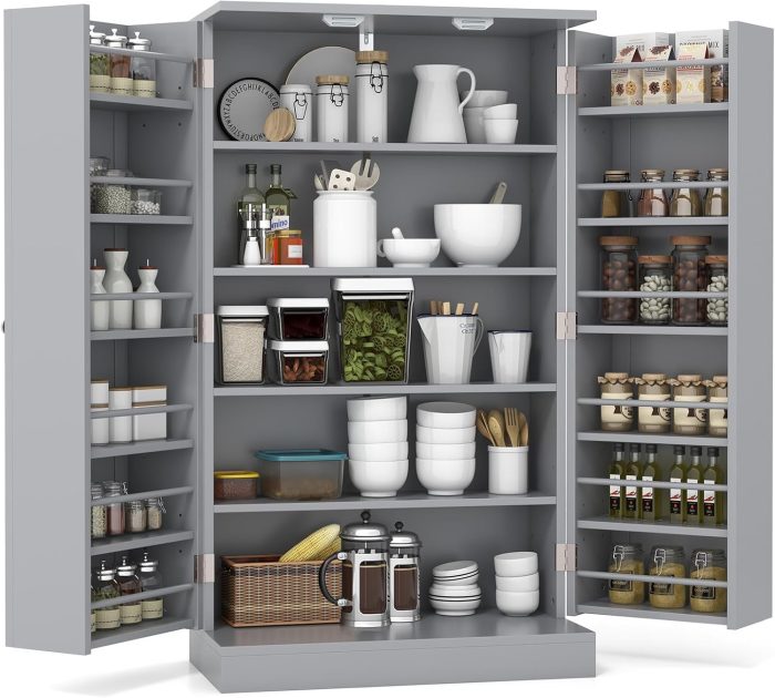 Giantex 41" Kitchen Pantry Cabinet, 2-Door Storage Cabinet with 17 Shelves - Grey - Image 1