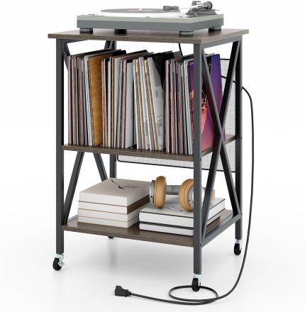 Giantex Record Player Stand with Charging Station, Turntable Stand with Record Storage & 4 Rolling Wheels - Grey Oak