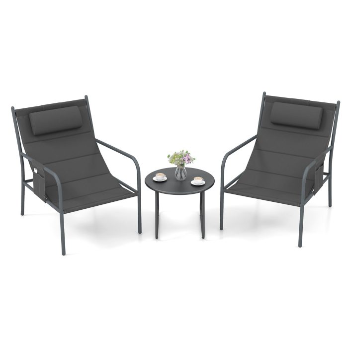 Giantex 3 Piece Patio Bistro Set, Outdoor Metal Chairs Set of 2 with Coffee Table, Breathable Fabric Seats - Image 1