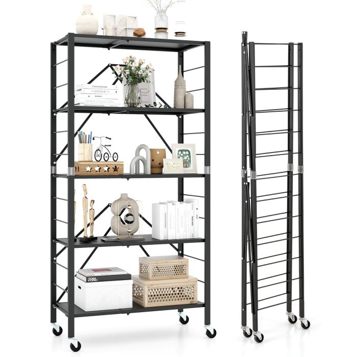 Giantex 5-Tier Foldable Storage Shelf with Wheels Set of 1/2, Collapsible Shelving Unit with Adjustable Shelves - 1 - Image 1