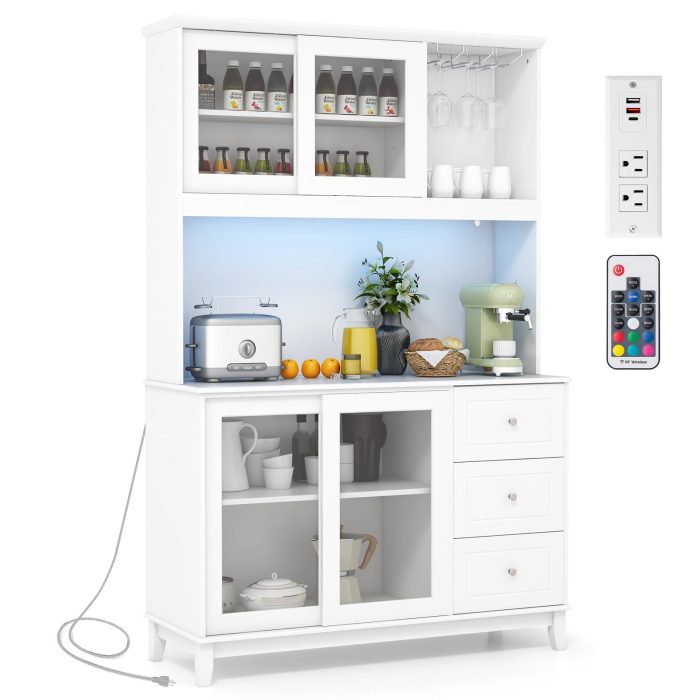 Giantex 73" Kitchen Pantry Storage Cabinet, Hutch Cabinet with LED Lights & Power Outlet, Kitchen Buffet Cabinet w/Wine Glass Racks - White - Image 1