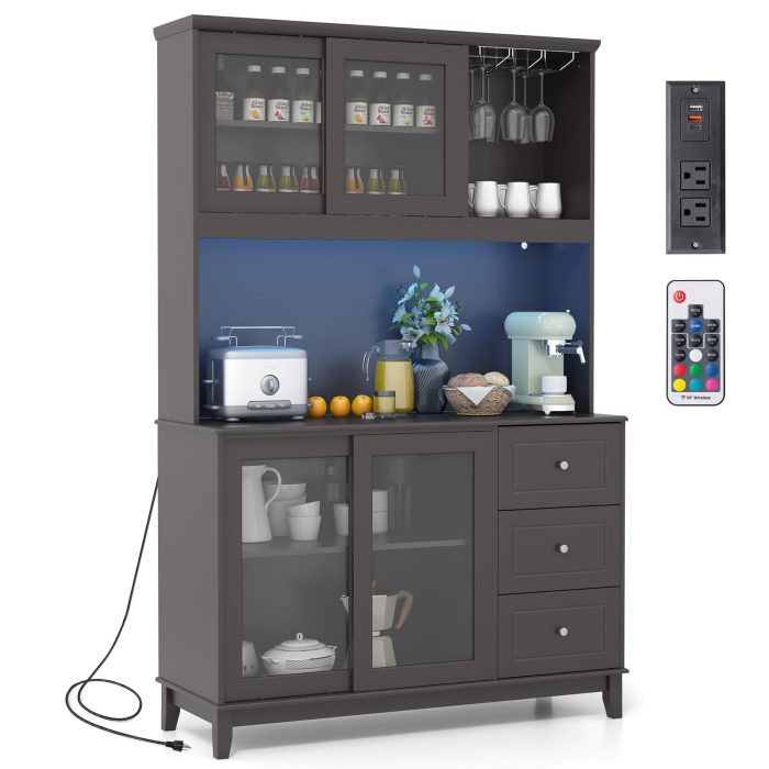 Giantex 73" Kitchen Pantry Storage Cabinet, Hutch Cabinet with LED Lights & Power Outlet, Kitchen Buffet Cabinet w/Wine Glass Racks - Espresso - Image 1