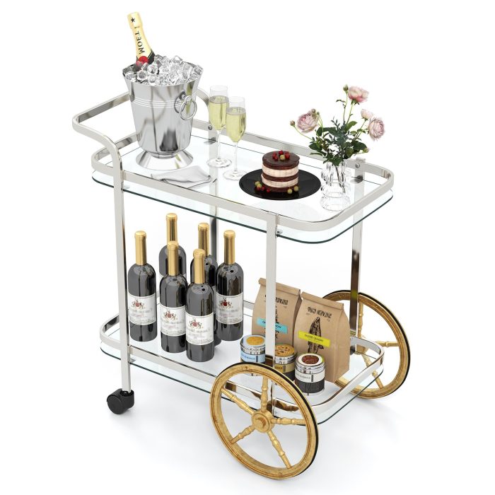 Giantex 2-Tier Bar Cart, Stylish Rolling Serving Cart w/Tempered Glass Shelves - Image 1