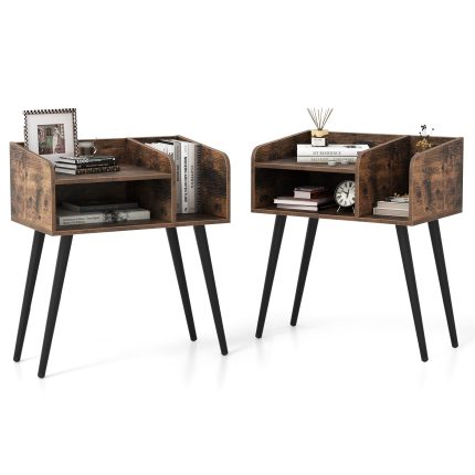 Giantex End Table with Open Storage Shelves, Mid Century Modern Side Table with Metal Legs - 2 Rustic Brown & Black