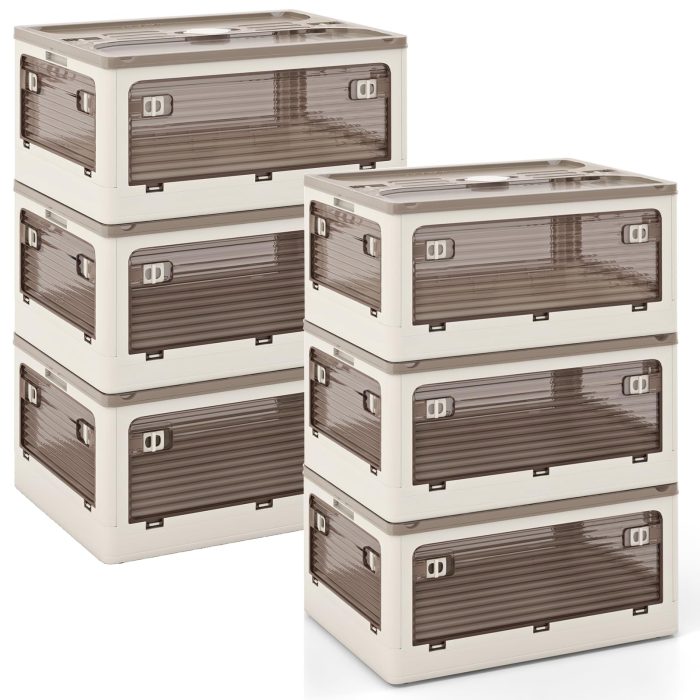 Giantex Storage Bins with Lids and Hidden Wheels, 3/6 Pack Stackable Collapsible Storage Boxes with 5 Opening Doors - 8 Gal 6 Pack - Image 1