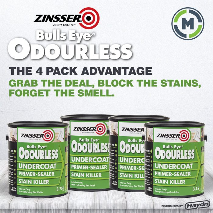 Zinsser Bulls Eye Odourless Undercoat, Primer And Sealer, 4 x 3.75L Tins - Image 1