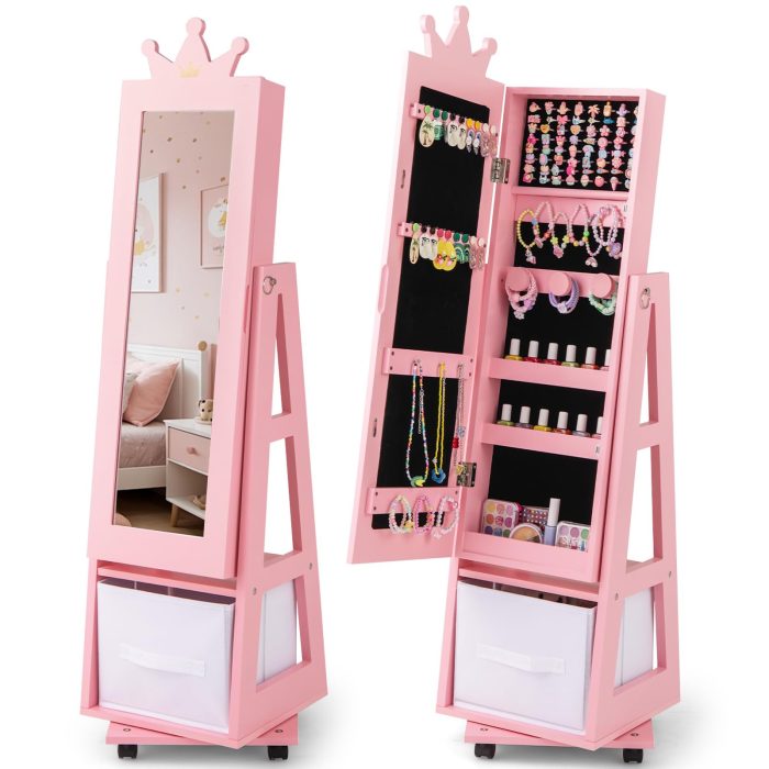 CHARMAID 360° Swivel Kids Jewelry Cabinet, 48" Standing Jewelry Organizer with Full Length Mirror, Storage Drawer - Pink - Image 1