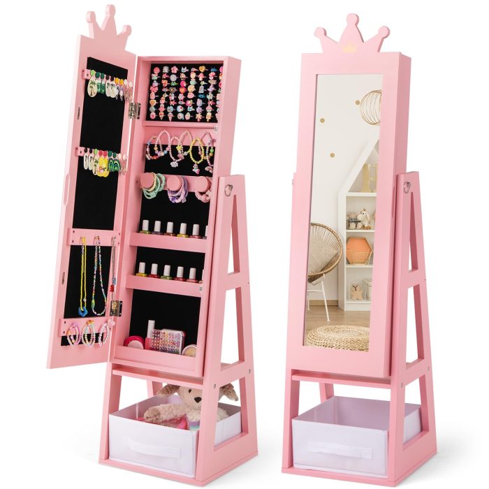 CHARMAID Kids Mirror Jewelry Cabinet - 45.5'' Standing Jewelry Armoire with Full Length Mirror - Image 1