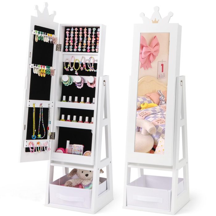 CHARMAID Kids Mirror Jewelry Cabinet - 45.5'' Standing Jewelry Armoire with Full Length Mirror - Image 1